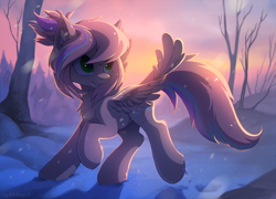 Size: 1100x794 | Tagged: safe, artist:hioshiru, oc, oc only, oc:sweet skies, pegasus, pony, chromatic aberration, ear fluff, snow, solo, spread wings, winter, ych result