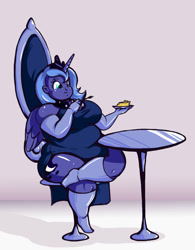 Size: 936x1200 | Tagged: safe, artist:eishiban, princess luna, human, breasts, chubby cheeks, eating, fat, female, food, horned humanization, humanized, obese, pie, pony coloring, princess balloona, princess moonpig, s1 luna, solo, winged humanization