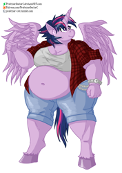 Size: 800x1131 | Tagged: safe, artist:professordoctorc, twilight sparkle, twilight sparkle (alicorn), alicorn, anthro, unguligrade anthro, alternate hairstyle, clothes, fat, jeans, obese, pants, princess twilard, punklight sparkle, shirt, solo, twilard sparkle, watch, wristwatch