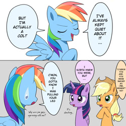 Size: 1024x1024 | Tagged: safe, artist:ryuu, applejack, rainbow dash, twilight sparkle, twilight sparkle (alicorn), alicorn, earth pony, pegasus, pony, comic, dialogue, english, eyes closed, female, freckles, japanese reading order, mare, open mouth, prank, prank fail, prank gone wrong, right to left, speech bubble, sweat, sweatdrop, translation