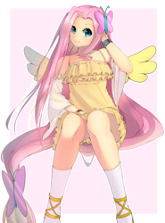 Size: 768x1039 | Tagged: safe, alternate version, artist:mw-magister, fluttershy, butterfly, human, bracelet, breasts, clothes, colored pupils, delicious flat chest, detached sleeves, dress, female, flattershy, flowing hair, humanized, impossibly long hair, jewelry, long hair, looking at you, simple background, sitting, skirt, smiling, socks, solo, upskirt denied, white background, winged humanization, wings