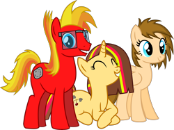 Size: 5979x4483 | Tagged: safe, artist:peahead, oc, oc only, oc:cherry lights, oc:stellar winds, oc:strong boulder, earth pony, pegasus, pony, unicorn, absurd resolution, cutie mark, glasses, show accurate, simple background, smiling, transparent background, update, vector, wip