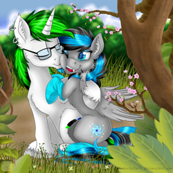 Size: 900x900 | Tagged: safe, artist:swanlullaby, oc, oc only, oc:greenish fury, oc:mareana sweetie, bat pony, pony, unicorn, brothers, clothes, duo, ear piercing, embrace, eyeshadow, glasses, makeup, piercing, socks, striped socks