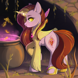 Size: 2000x2000 | Tagged: safe, artist:fensu-san, oc, oc only, pony, unicorn, cauldron, commission, feather, heart, looking at you, magic, red hair, red mane, solo, witch, witchcraft