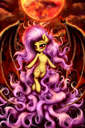 Size: 800x1200 | Tagged: safe, artist:salterino, fluttershy, bat pony, pony, semi-anthro, bedroom eyes, blood moon, female, flutterbat, looking at you, mare, moon, race swap, red eyes, solo