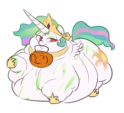 Size: 1014x921 | Tagged: safe, artist:mellowhen, princess celestia, oc, oc:bric-a-brac, alicorn, pony, belly, clothes, costume, fake horn, fat, halloween, impossibly large belly, le lenny face, lidded eyes, morbidly obese, obese, simple background, smiling, solo, white background