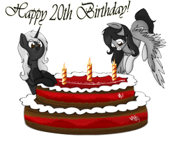 Size: 1280x1040 | Tagged: safe, artist:stuflox, oc, oc only, oc:ghost quill, oc:silhouette, pegasus, pony, unicorn, birthday cake, cake, food