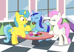 Size: 1024x724 | Tagged: safe, artist:viraljp, lemon hearts, minuette, twinkleshine, pony, unicorn, donut, food, tea, teacup, trio