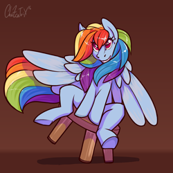 Size: 1200x1200 | Tagged: safe, artist:chazcatrix, rainbow dash, pegasus, pony, cute, dashabetes, grin, rocking, signature, silly, silly pony, simple background, smiling, solo, stool, stooldash