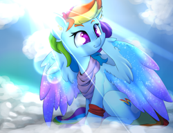 Size: 2600x2000 | Tagged: safe, artist:madacon, rainbow dash, pegasus, pony, cloud, color porn, crepuscular rays, cute, dashabetes, female, mare, sky, smiling, solo, sun