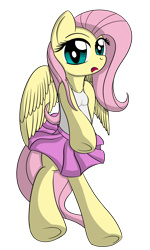 Size: 1800x3000 | Tagged: safe, artist:datapony, fluttershy, pegasus, pony, semi-anthro, bipedal, breasts, clothes, female, simple background, skirt, solo, tanktop, transparent background, underhoof