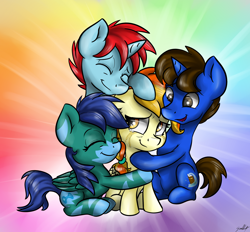 Size: 3014x2798 | Tagged: safe, artist:gaelledragons, oc, oc only, oc:flashy, oc:little flame, oc:raving story, oc:red diamond, pegasus, pony, unicorn, group hug, hug