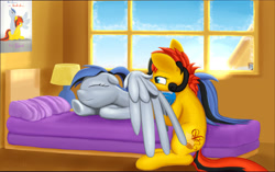 Size: 2107x1325 | Tagged: safe, artist:stillwaterspony, oc, oc only, oc:acela, oc:southern belle, earth pony, pegasus, pony, bed, eyes closed, female, lamp, mare, morning, multiple variants, poster, preening, wingplay