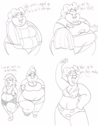 Size: 2516x3225 | Tagged: safe, artist:catstuxedo, pinkie pie, rainbow dash, human, belly, belly button, big belly, bikini, breasts, chubby, chubby cheeks, cleavage, clothes, dialogue, double chin, fat, female, hearth's warming eve, humanized, monochrome, obese, piggy pie, pudgy pie, rainblob dash, sweater, swimsuit, weight loss, wide hips