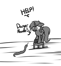 Size: 865x928 | Tagged: safe, artist:neuro, oc, oc only, oc:littlepip, pony, snake, unicorn, fallout equestria, :p, adorable distress, black and white, comic, cute, danger noodle, fanfic, fanfic art, female, filly, floppy ears, frown, grayscale, gritted teeth, hooves, horn, monochrome, open mouth, pipbuck, scared, simple background, solo, stool, text, tongue out, transparent background, wide eyes