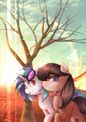 Size: 2894x4093 | Tagged: safe, artist:coma392, dj pon-3, octavia melody, vinyl scratch, earth pony, pony, unicorn, chromatic aberration, female, lens flare, lesbian, looking at you, phone wallpaper, scratchtavia, shipping, smiling, sunglasses, sunlight, tree