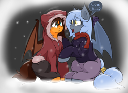 Size: 1280x933 | Tagged: safe, artist:codras, oc, oc only, oc:panne, oc:ukelele, bat pony, pony, clothes, cold, female, freckles, jacket, mare, simple background, snow, snowfall, transparent background