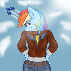 Size: 1024x1025 | Tagged: safe, artist:nwinter3, rainbow dash, anthro, bomber jacket, clothes, grin, jeans, looking back, pants, pilot dash, plane, smiling, solo, sunglasses, wonderbolts logo