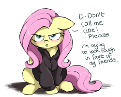 Size: 1500x1200 | Tagged: safe, artist:buttersprinkle, fluttershy, pegasus, pony, angry, blushing, buttersprinkle is trying to murder us, clothes, cute, dialogue, female, floppy ears, fluttertsun, hoodie, i'm not cute, jacket, looking at you, mare, shyabetes, simple background, sitting, solo, text, tough, tsundere, white background