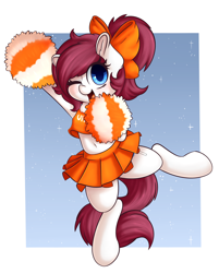 Size: 1280x1591 | Tagged: safe, artist:wickedsilly, oc, oc only, oc:rally, earth pony, pony, belly button, bipedal, bow, cheerleader, clothes, cute, hair bow, looking at you, midriff, ocbetes, one eye closed, open mouth, pleated skirt, pom pom, ponytail, skirt, solo, tanktop, wink