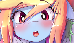 Size: 1528x897 | Tagged: dead source, safe, artist:hoodie, rainbow dash, anthro, :o, blushing, body pillow, body pillow design, close-up, clothes, cropped, cute, dashabetes, female, floppy ears, hoodie, looking at you, open mouth, solo, surprised, wide eyes, wrong eye color