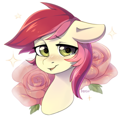 Size: 1629x1608 | Tagged: safe, artist:fensu-san, roseluck, earth pony, pony, blushing, bust, crying, cute, female, floppy ears, flower, heart eyes, laughing, looking at you, loving gaze, mare, open mouth, portrait, rose, simple background, smiling, solo, sparkles, white background, wingding eyes