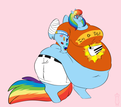 Size: 4318x3840 | Tagged: safe, artist:mangoicy, rainbow dash, anthro, unguligrade anthro, absurd resolution, bbw, belly, belly button, clothes, dork, fat, freckles, glasses, impossibly large belly, injured wing, morbidly obese, nerd, nerd pony, obese, pac-man, pink background, rainblob dash, rainbow dork, shirt, shorts, simple background, solo, ssbbw, story in the comments, tattoo