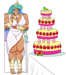 Size: 1610x1825 | Tagged: safe, artist:advanceddefense, princess celestia, human, amazon, big breasts, breasts, cake, cakelestia, female, food, huge breasts, humanized, lip bite, marzipan mascarpone meringue madness, muscles, princess breastia, princess musclestia, solo, stuck