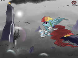 Size: 2048x1536 | Tagged: safe, artist:qzygugu, part of a set, commander hurricane, rainbow dash, pegasus, pony, armor, canterlot, cape, clothes, flying, hammer, holding, hoof hold, looking at you, looking back, looking back at you, overcast, solo, spread wings, trail