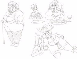 Size: 3275x2533 | Tagged: safe, artist:catstuxedo, rarity, spike, human, double chin, eating, fat, food, horned humanization, humanized, monochrome, obese, raritubby, spa pony