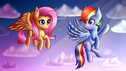 Size: 2048x1152 | Tagged: safe, artist:irilis25, artist:spirit-dude, fluttershy, rainbow dash, pegasus, pony, collaboration, cloud, crepuscular rays, flying