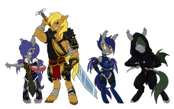 Size: 8000x5000 | Tagged: safe, artist:milkypocky, oc, oc only, oc:dauntless mist, oc:dusk rhine, oc:lapis, oc:wolf longsight, anthro, bat pony, earth pony, unguligrade anthro, absurd resolution, adventurer, barbarian, book, dagger, greatsword, group, leotard, line-up, looking at you, mage, muscles, simple background, sword, thief, tight clothing, transparent background, unshorn fetlocks, weapon