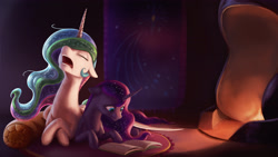 Size: 3840x2160 | Tagged: safe, artist:starblaze25, princess celestia, princess luna, alicorn, pony, book, crossed hooves, cute, drool, duo, eyes closed, female, fireplace, floppy ears, majestic as fuck, mare, missing accessory, open mouth, prone, reading, royal sisters, sleeping, smiling, snoring, wide eyes, wing blanket