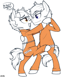 Size: 693x850 | Tagged: safe, artist:higglytownhero, oc, oc only, bat pony, pony, bound wings, chains, chicago (musical), clothes, dancing, prison outfit, tango