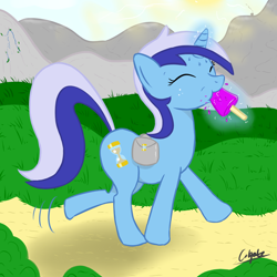 Size: 1000x1000 | Tagged: safe, artist:colgatefim, minuette, pony, unicorn, cute, eating, female, ice cream, magic, mare, minubetes, popsicle, saddle bag, solo, sunshine, walking