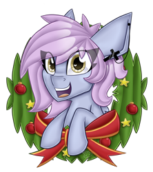 Size: 4000x4500 | Tagged: safe, artist:partylikeanartist, oc, oc only, oc:windy spirit, absurd resolution, bauble, bow, christmas, christmas wreath, commission, cute, looking at you, open mouth, simple background, smiling, solo, stars, transparent background, wingding eyes, wreath, x-mas, ych result