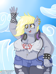 Size: 800x1058 | Tagged: safe, artist:professordoctorc, derpy hooves, anthro, aderpose, alternate hairstyle, bbw, belly button, bellyring, clothes, fat, headphones, jeans, looking at you, obese, pants, piercing, punk, solo, stockings, thigh highs, waving