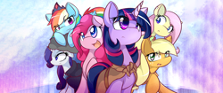 Size: 2560x1080 | Tagged: safe, artist:dshou, edit, applejack, fluttershy, pinkie pie, rainbow dash, rarity, twilight sparkle, earth pony, pegasus, pony, unicorn, cloak, clothes, cloud, crown, ear piercing, jewelry, looking up, lying down, mane six, missing accessory, open mouth, piercing, raised hoof, regalia, simple background, smirk, ultra widescreen, wallpaper, wallpaper edit, widescreen