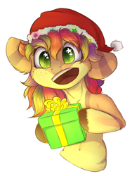 Size: 1200x1600 | Tagged: dead source, safe, artist:freckleplant, oc, oc only, hat, present, santa hat, solo, starry eyes, wingding eyes, ych result