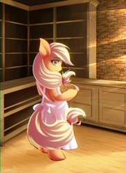 Size: 951x1309 | Tagged: safe, artist:coma392, applejack, earth pony, pony, apron, bipedal, clothes, cookie, crepuscular rays, food, looking back, smiling, solo