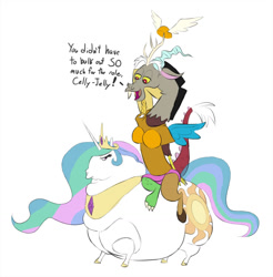 Size: 1200x1220 | Tagged: source needed, safe, artist:calorie, discord, princess celestia, alicorn, pony, belly, bingo wings, brunhilde, chubbylestia, clothes, costume, double chin, fat, female, huge butt, impossibly large belly, impossibly large butt, large butt, looney tunes, mare, obese, opera, riding, roleplay, roleplaying, this will end in tears and/or a journey to the moon, thunder thighs, what's opera doc