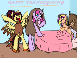 Size: 1024x768 | Tagged: safe, artist:pie530, oc, oc only, pony, animal costume, bed, bipedal, clothes, costume, food, potato, thanksgiving, turkey, turkey costume
