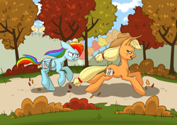 Size: 3507x2480 | Tagged: safe, artist:essel, applejack, rainbow dash, earth pony, pegasus, pony, fall weather friends, bound wings, race, running of the leaves