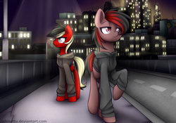 Size: 1600x1120 | Tagged: dead source, safe, artist:jadekettu, oc, oc only, oc:kali, oc:scarlet sound, pony, city, clothes, female, hoodie, lidded eyes, linux, mare, night, outdoors, raised hoof, road, sidewalk, standing, streetlight, twilight (astronomy), walking