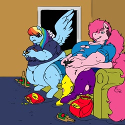 Size: 1280x1280 | Tagged: safe, artist:amelia-s-cooper, artist:min, pinkie pie, rainbow dash, anthro, earth pony, pegasus, apple juice, belly, belly button, bellyring, big belly, big breasts, bottle, breasts, chips, clothes, colored, controller, dork, duo, ear piercing, fat, female, food, freckles, gamer dash, gamer pinkie, gamerdash, gaming, glasses, injured wing, juice, lip piercing, mismatched socks, morbidly obese, obese, piercing, piggy pie, pinkie pies, pudgy pie, punk, punkie pie, rainblob dash, rainbow dork, shirt, shorts, skirt, socks, sofa, story in the comments, thigh highs, torn clothes