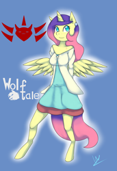 Size: 3025x4433 | Tagged: safe, artist:wolfy-pony, oc, oc only, oc:solaria, alicorn, anthro, unguligrade anthro, absurd resolution, alicorn oc, blue background, blushing, clothes, cute, female, signature, simple background, smiling, solo