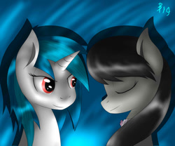 Size: 1024x853 | Tagged: safe, artist:bighm, dj pon-3, octavia melody, vinyl scratch, earth pony, pony, unicorn, black mane, female, gray coat, horn, mare, two toned mane, white coat