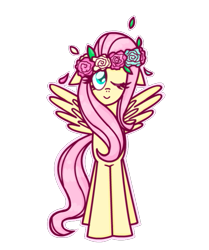 Size: 599x718 | Tagged: safe, artist:763lilypadpandaowl, fluttershy, pegasus, pony, floppy ears, floral head wreath, flower, looking at you, one eye closed, simple background, smiling, solo, spread wings, standing, transparent background, wink
