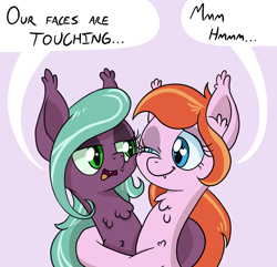 Size: 900x868 | Tagged: safe, artist:tehflah, oc, oc only, oc:wicked ways, bat pony, pony, cheek squish, chest fluff, cute, dialogue, hug, squishy cheeks