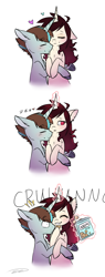 Size: 1415x3736 | Tagged: safe, artist:doekitty, oc, oc only, oc:cobalt, oc:hazel, pony, unicorn, comic, cookie, ear piercing, earring, eyes closed, female, floppy ears, food, glowing horn, heart, hug, jewelry, levitation, looking away, magic, male, mare, oc x oc, piercing, shipping, simple background, sleeping, smiling, stallion, straight, telekinesis, white background, zzz